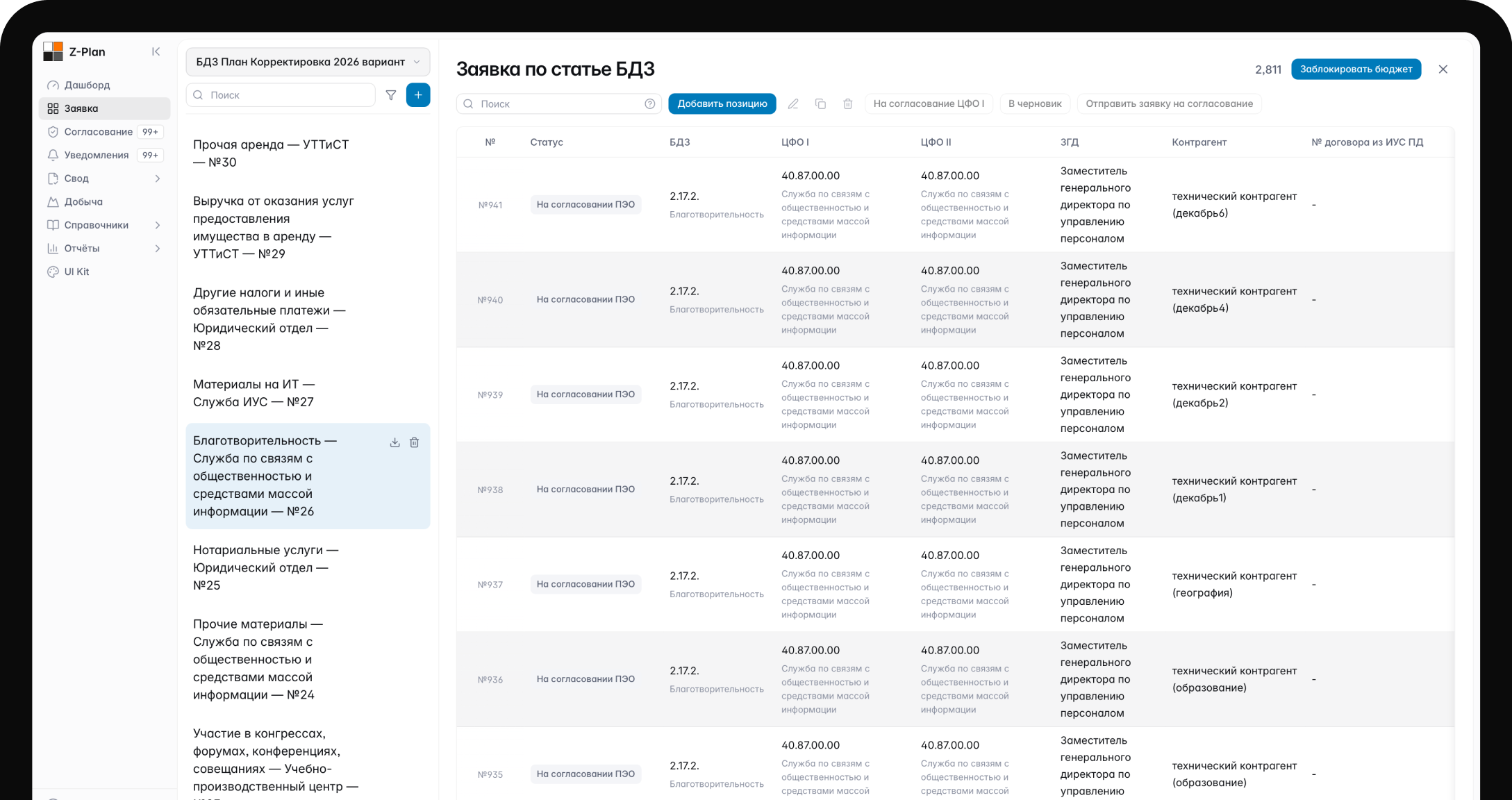 Интерфейс Z-Plan: заявка по статье БДЗ